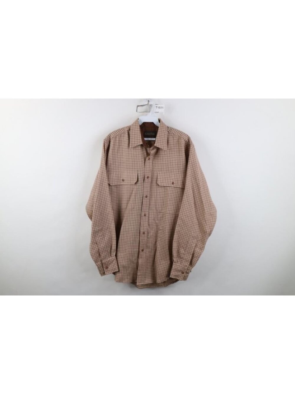Vtg 80s 90s Calvin Klein Wool Collared Button Shirt Mens Size M Brown Checked
